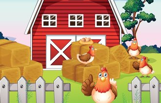 Tegning over høner som rusler fornøyd rundt på en gård.