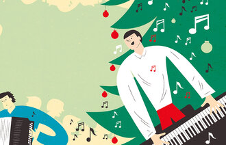 Illustrasjonen viser en som spiller piano og en som spiller trekkspill.