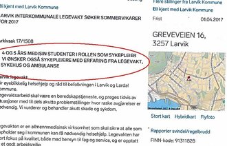 Skjermdump av utlysningen Larvik kommune la ut på finn.no for å få tak i sommrvikarer