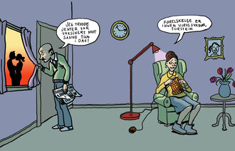 Illustrasjonen viser en mann som kikker ut av vinduet på et nyforelsket par, mens kona sitter i en stol og strikker