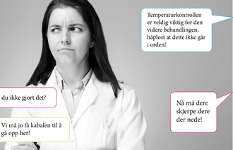 Bildet viser en streng sykepleier med mange snakkebobler rundt hvor det står forskjellige reprimander 