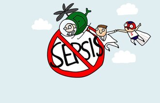 Illustrasjonen viser helsepersonell og ordet sepsis.