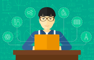 Illustrasjonen viser en student med en laptop.