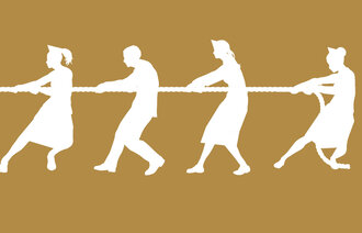 Illustrasjonen viser flere sykepleiere i tautrekking. De trekker i samme retning.