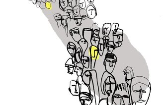 Illustrasjonen viser en folkemengde med fremhevede enkelthoder.