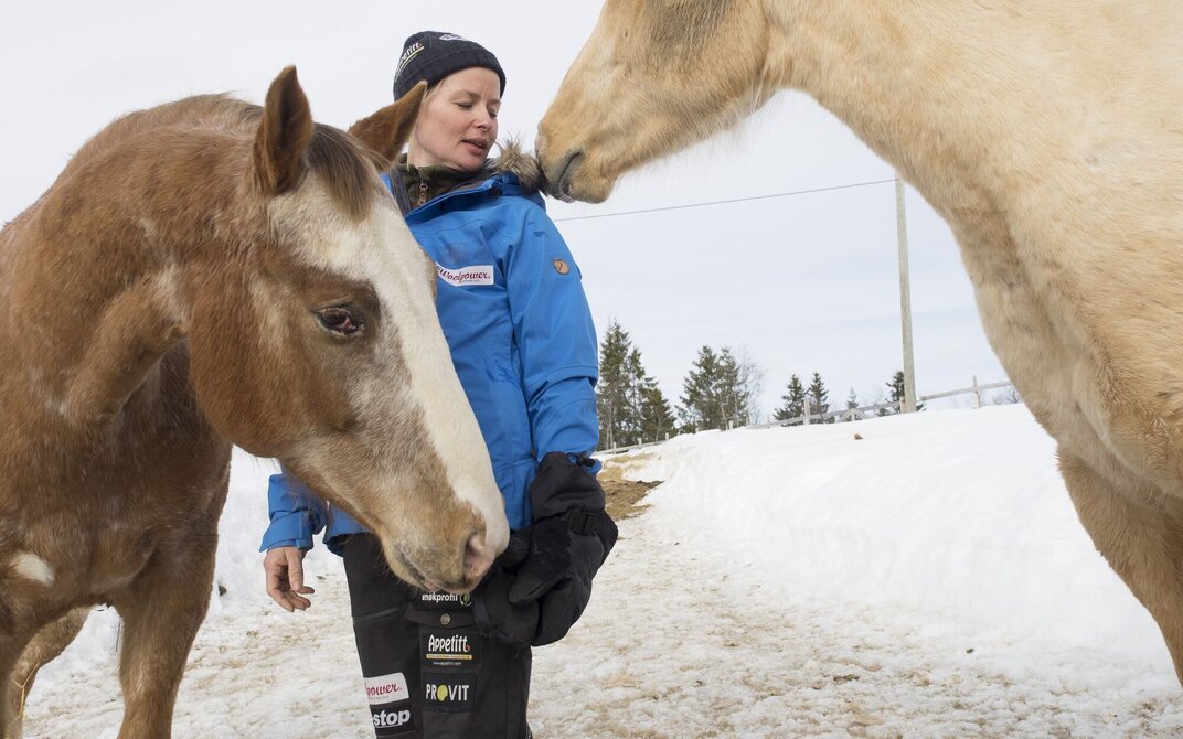 Bildet viser Birgitte sammen med to av hennes tre hester.