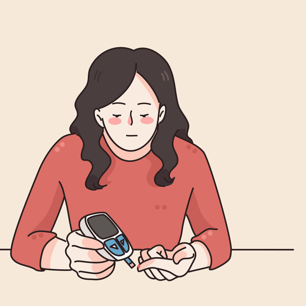 Illustrasjonen viser en kvinne som måler blodsukker med et måleapparat.