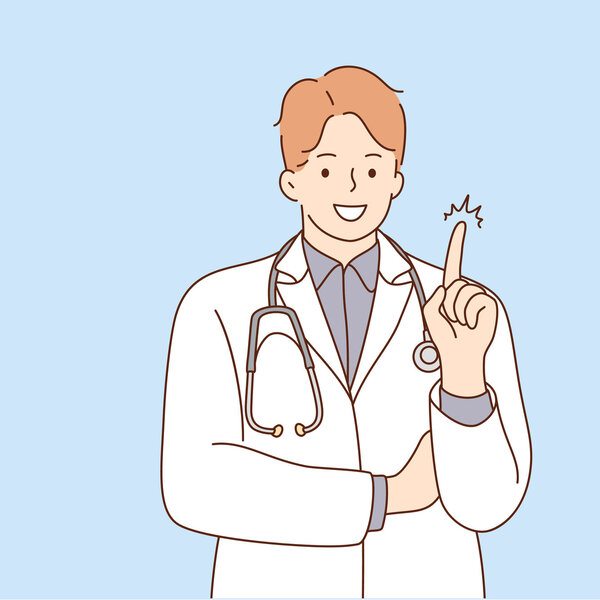 Illustrasjonen viser en mann med legefrakk og stetoskop som holder en finger i været.