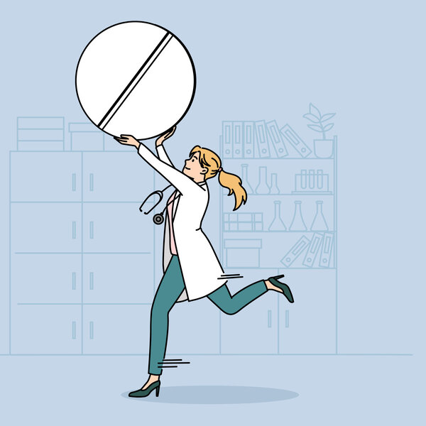 Illustrasjonen viser en helsearbeider som løper med en pille.