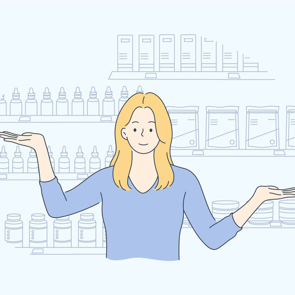 Illustrasjonen viser en kvinne som holder ut hendene til siden.