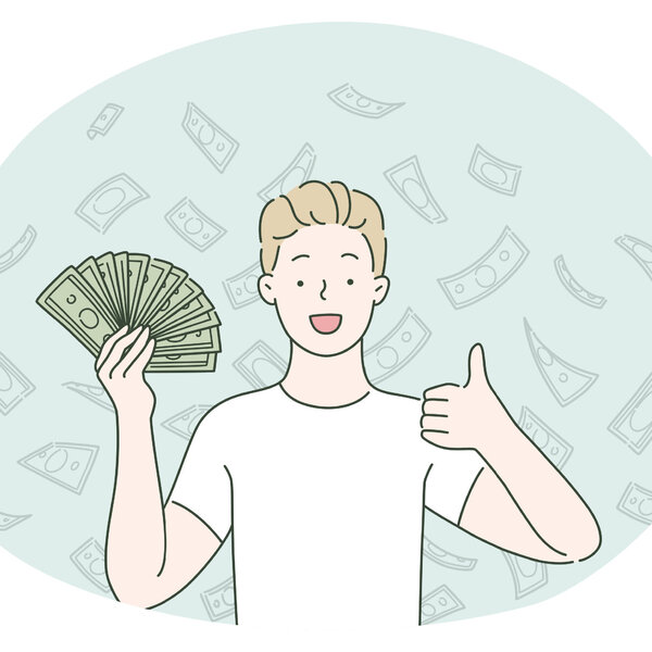 Illustrasjonen viser en ung gutt med mange pengesedler i hånden.