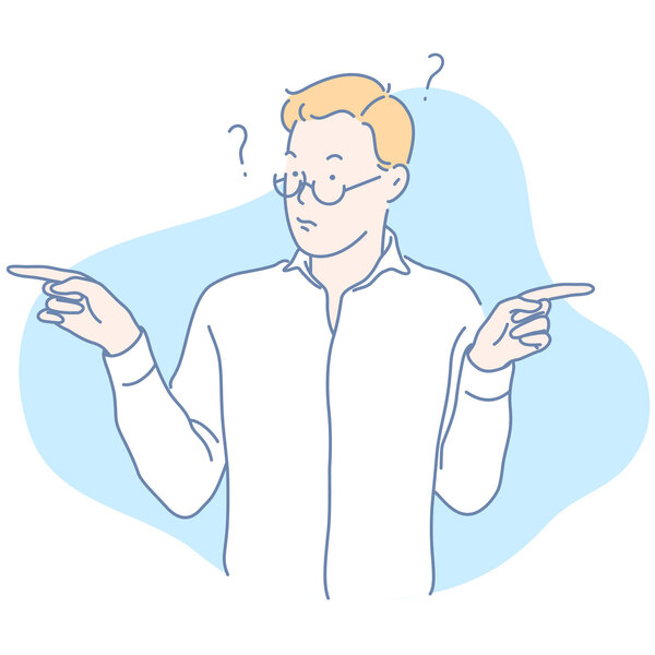 Illustrasjonen viser en mann i hvit skjorte som peker fingre i hver sin retning.