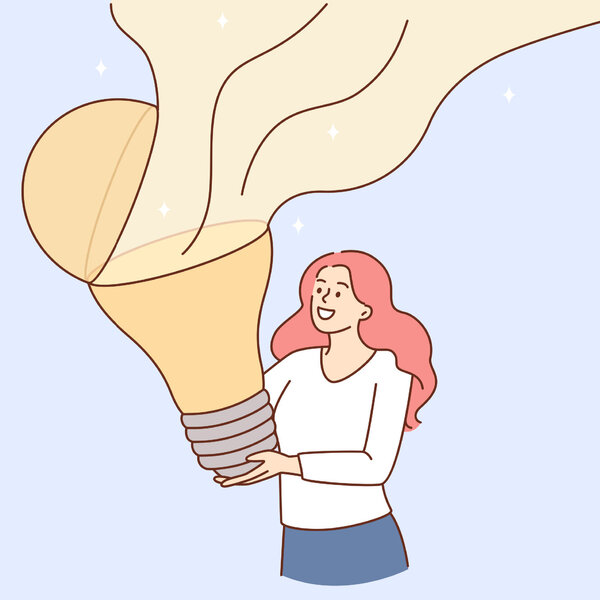 Illustrasjonen viser en kvinne som holder en lyspære, som det strømmer lys ut av.