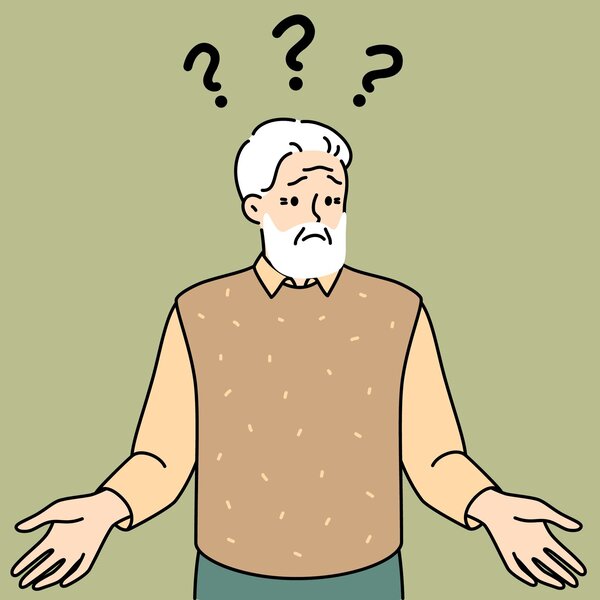 Illustrasjonen viser en eldre mann med spørsmålstegn over hodet.
