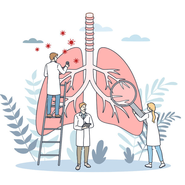 Illustrasjonen viser tre leger som studerer en stor lunge.