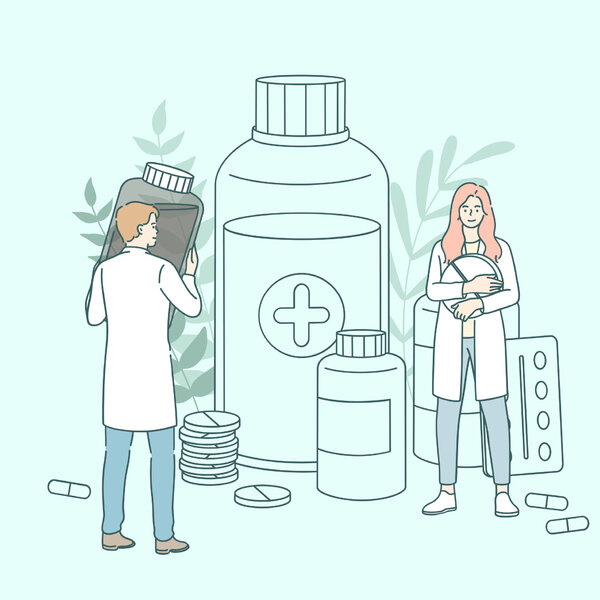 Illustrasjonen viser helsearbeidere og flasker og brett med medisiner.