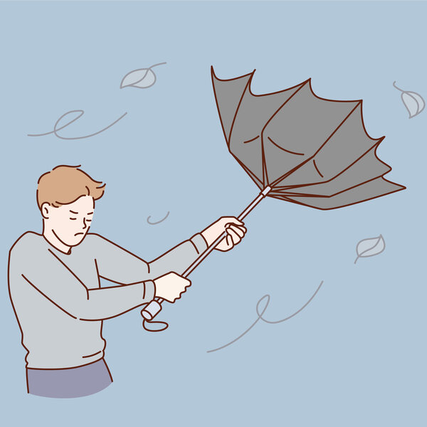 Illustrasjonen viser en mann med paraply i storm.