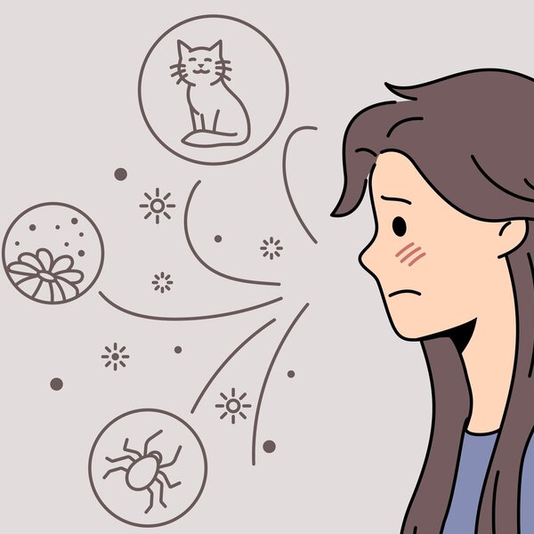 Illustrasjonen viser en kvinne og flere allergener.