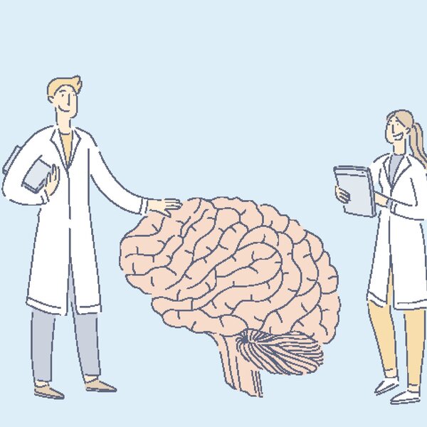 Illustrasjonen viser to helsearbeidere med en kjempestor hjerne.