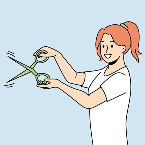 Illustrasjonen viser en kvinne med en stor saks.