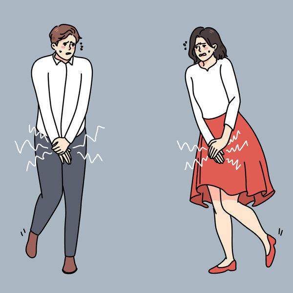 Illustrasjonen viser en mann og en kvinne som må tisse.