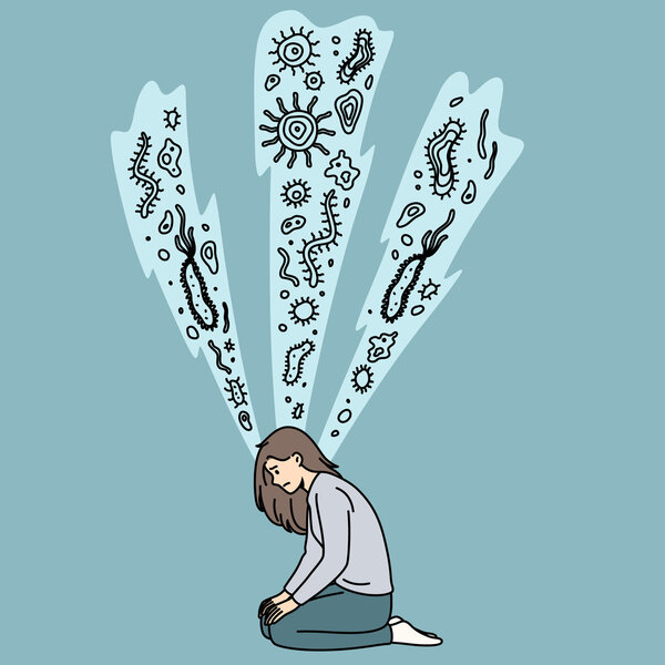 Illustrasjonen viser en kvinne som tenker på bakterier.