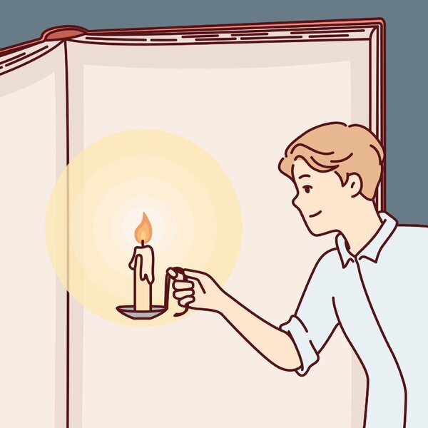 Illustrasjonen viser en mann med en lysestake og en stor bok.