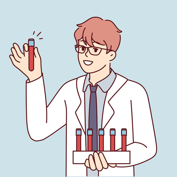 Illustrasjonen viser en helsearbeider med prøveglass med blod.