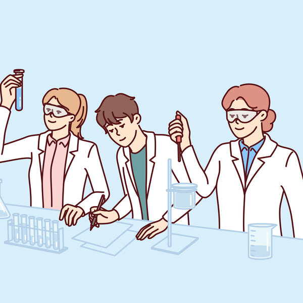 Illustrasjonen viser tre mennesker i labfrakker på laboratorium.