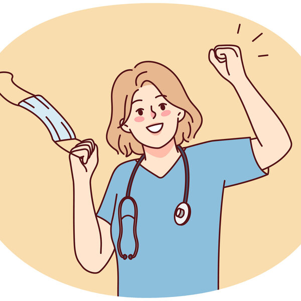 Illustrasjonen viser en helsearbeider som tar av munnbind.