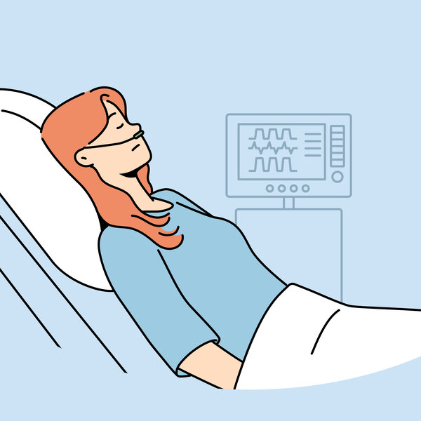 Illustrasjonen viser en kvinne i sykehusseng som får oksygen.