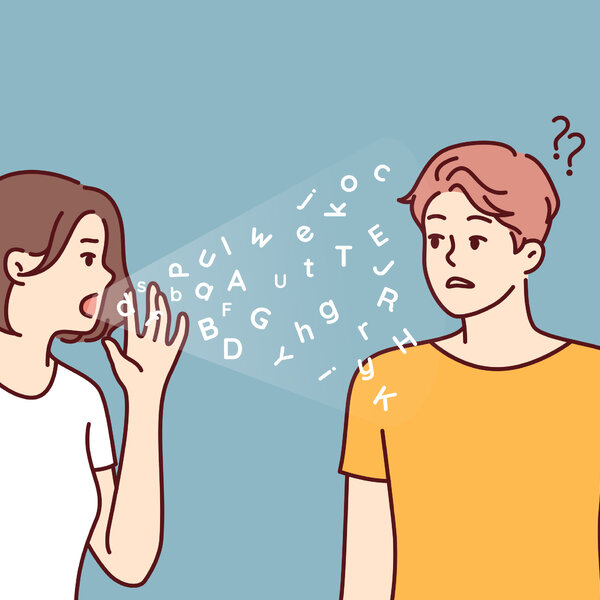 Illustrasjonen viser en kvinne med bokstaver ut av munnen og en mann med spørsmålstegn.