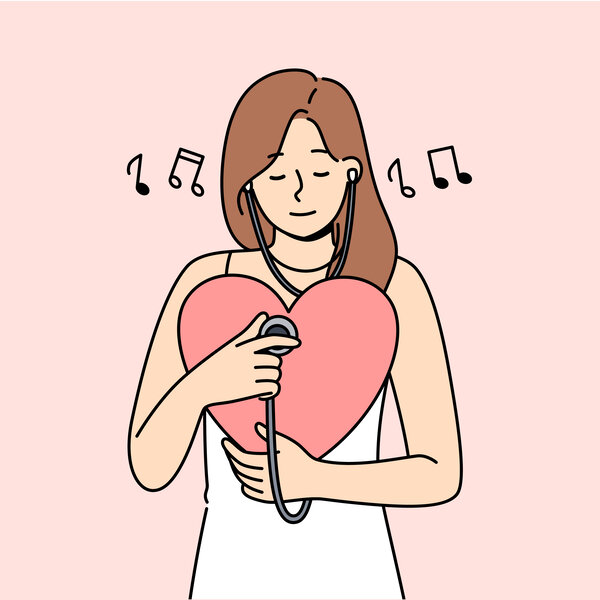 Illustrasjonen viser en kvinne som lytter på et hjerte.