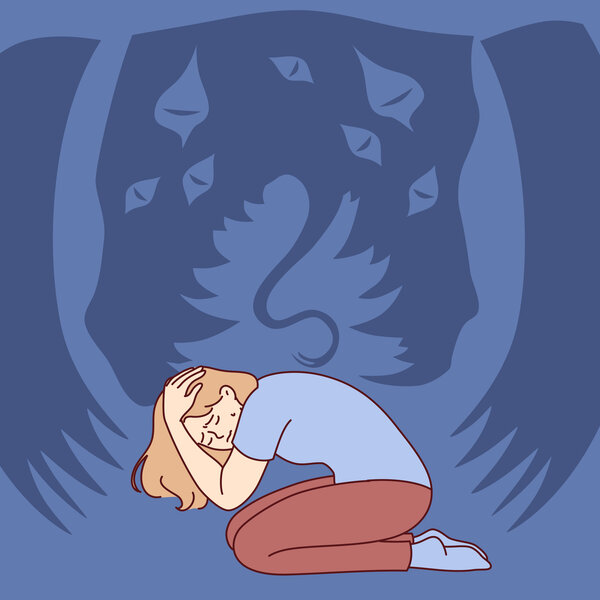 Illustrasjonen viser en kvinne som ser et ikke virkelig monster.