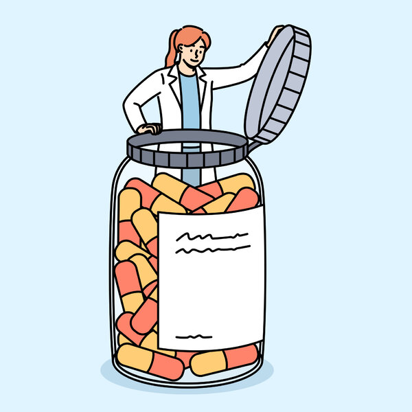 Illustrasjonen viser en helsearbeider som ser i et medisinglass.