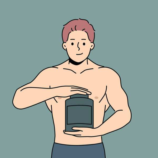 Illustrasjonen viser en muskuløs mann som holder en beholder.