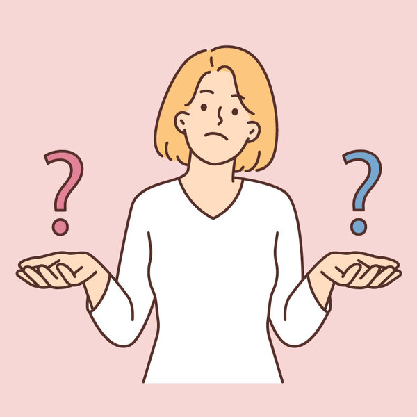 Illustrasjon viser kvinne med spørsmålstegn i hendene.