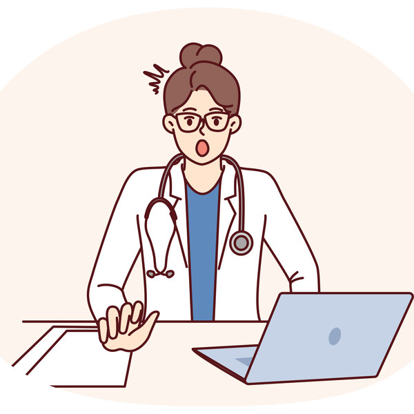 Illustrasjonen viser en helsearbeider som ser sjokkert ut.