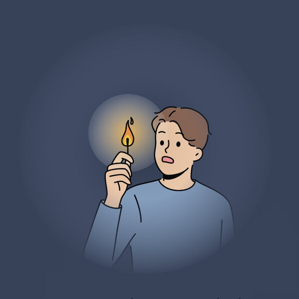 Illustrasjonen viser en mann med en brennende fyrstikk.