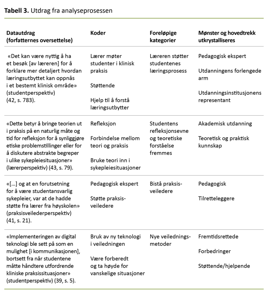 Tabell 3. Utdrag fra analyseprosessen