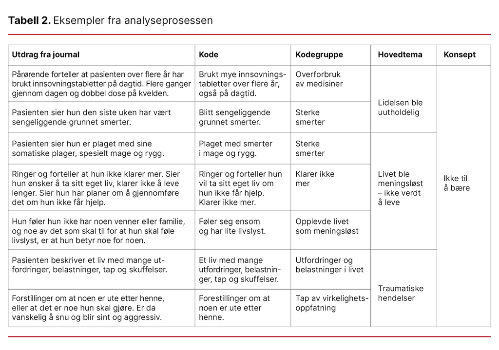 Tabell 2. Eksempler fra analyseprosessen