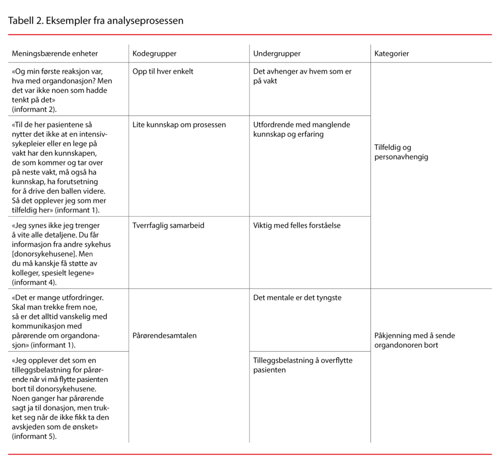 Tabell 2. Eksempler fra analyseprosessen