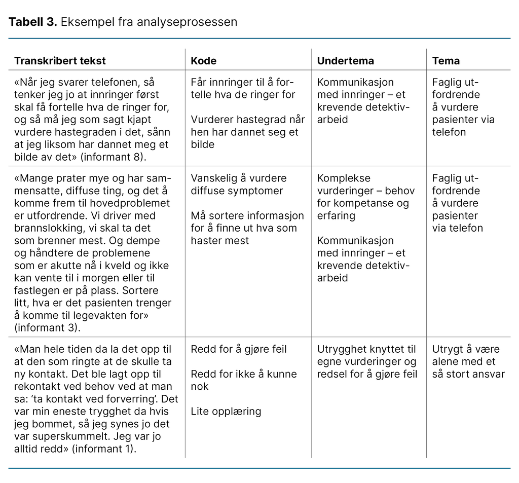 Tabell 3. Eksempel fra analyseprosessen 