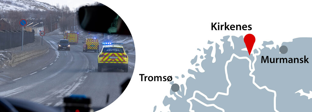 Bilde viser kart med pil på Kirkenes , innfelt et foto fra øvelse i sentrum