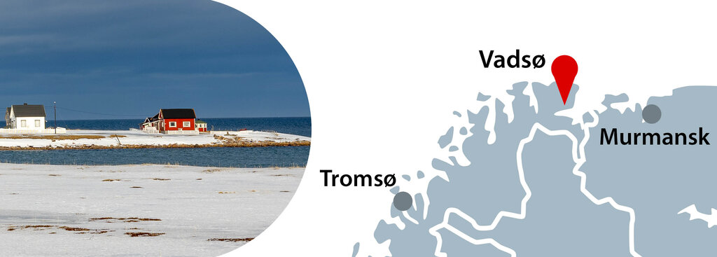 Bilde viser kart på Vadsø og innfelt et bilde av hus på en øy