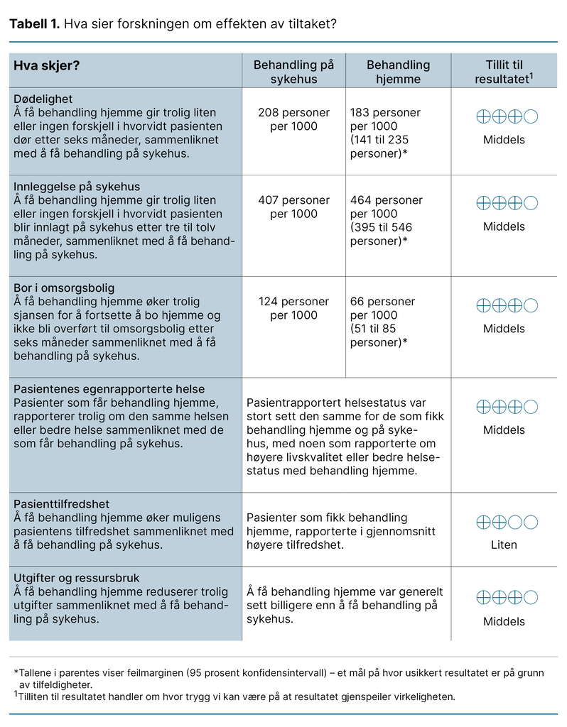 Tabell 1. Hva sier forskningen om effekten av tiltaket?