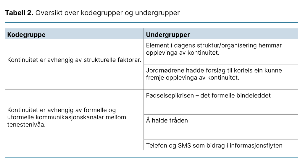 Tabell 2. Oversikt over kodegrupper og undergrupper