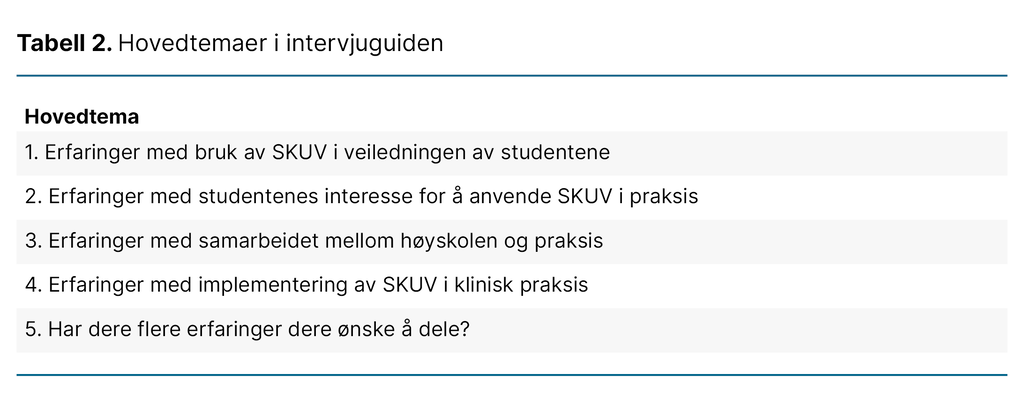 Tabell 2. Hovedtemaer i intervjuguiden
