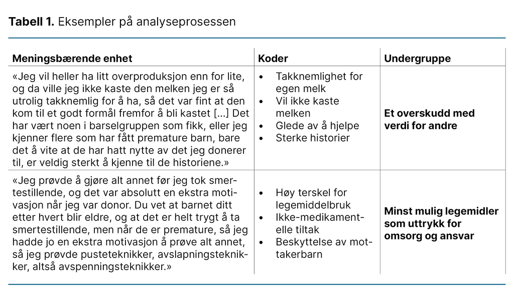 Tabell 1. Eksempler på analyseprosessen 