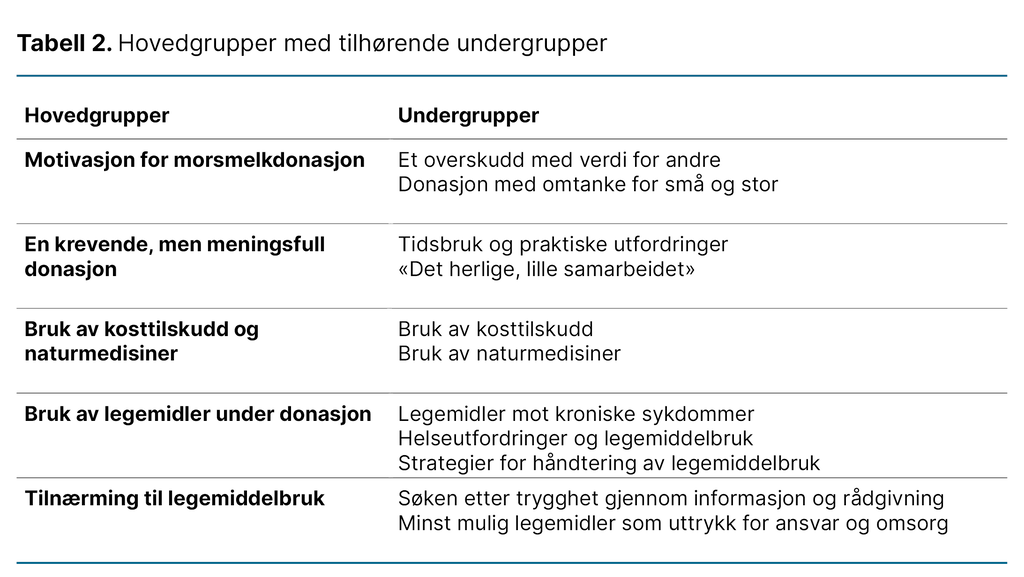 Tabell 2. Hovedgrupper med tilhørende undergrupper  
